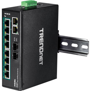 TRENDnet TI-PG102 10-Port Ethernet Switch, 8 Gigabit PoE+ ports, 2 shared Gigabit SFP slots, 20 Gbps switching capacity, DIN-rail/wall mount